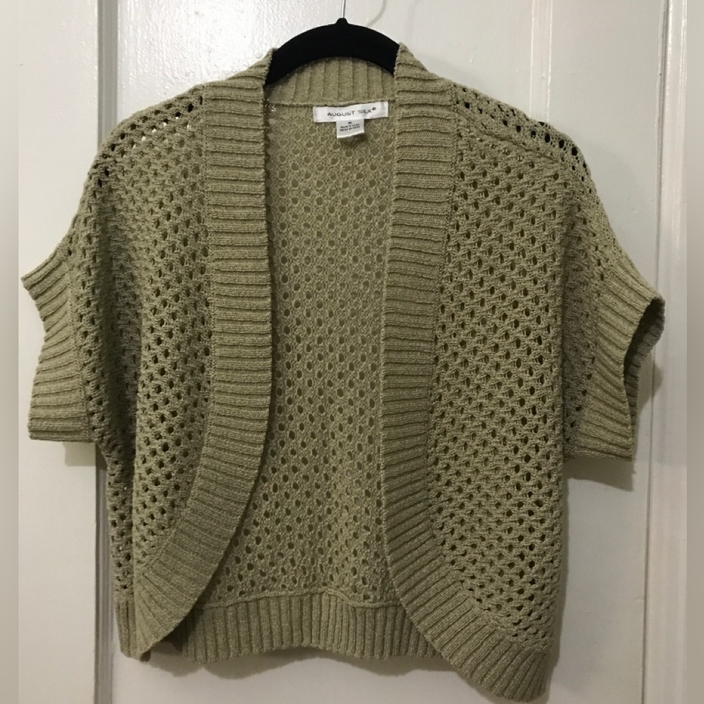 EUC august silk womens tan cropped crochet open front sweater M